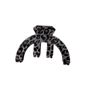 Classic grey and black leopard print hair claw clip with a glossy finish for daily styling