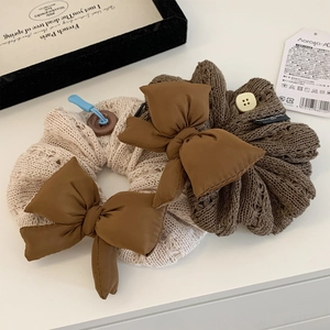 Korean Style Knitted Bow Scrunchie Large Elastic Hair Tie Fabric Button Decor Soft Hair Accessories For Women Daily Party