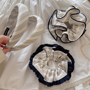 Vintage Striped Fabric Hair Accessory Set Minimalist Ruffled Scrunchie Double Layer Hair Tie Artistic Headband For Women Headwear