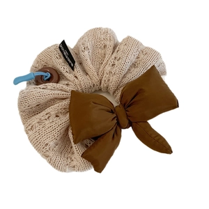 Knitted cream scrunchie with brown satin bow and Blind For Love label for women