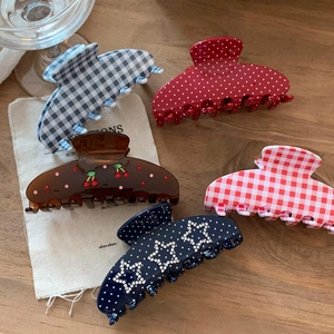 5-piece hair claw clip set with sparkling rhinestone stars and blue polka dot patterns