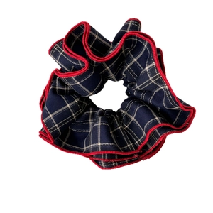 Retro British style navy blue plaid oversized scrunchie with red stitching for hair styling