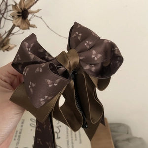 Elegant French vintage dark brown silk bow hair clip with butterfly pattern for high ponytail