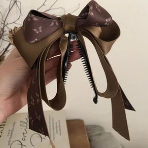 French vintage mocha brown ribbon bow banana hair clip with elegant butterfly prints