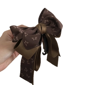 Elegant French brown fabric bow banana clip with butterfly print for women's ponytail hair