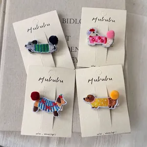 Cartoon Dog Embroidered Hair Clip Fabric Dachshund Hairpin With Pom Pom Sweet Animal Headwear For Women Girls Daily Accessory
