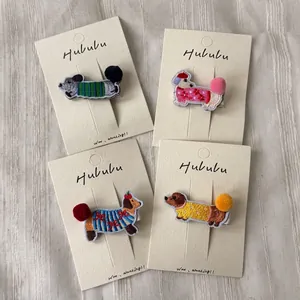 Cute embroidered dachshund dog hair clips set with plush pom-poms for girls