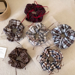 Vintage Plaid Ribbon Bow Scrunchies Women Academic Style Fabric Large Hair Tie Korean Simple Ponytail Holder Hair Accessories