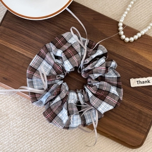 Plaid scrunchie with ribbons for women in classic brown, white and light blue colors