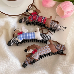 Cartoon Dachshund Dog Banana Clip Plaid Fabric Stuffed Animal Hair Claw Sweet High Ponytail Styling Accessory For Women