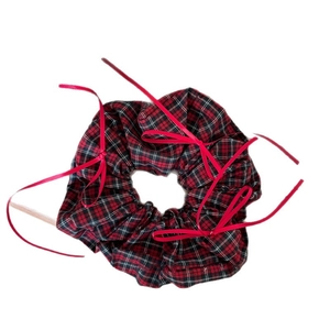 British style red and black plaid scrunchie with delicate silk ribbon bow ties