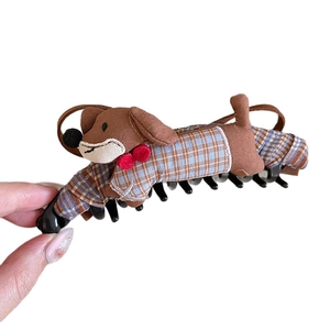 Cute cartoon dachshund dog hair claw clip with blue plaid fabric and red bow accessory
