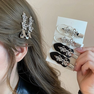 Silver flower hair clips set for bangs, featuring 6 pieces in metal and black floral design