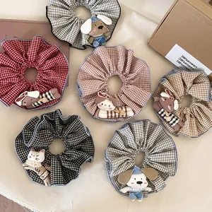 Cartoon Doll Plaid Fabric Scrunchie For Women Cute Animal Puppy Rabbit 3D Stuffed Ornament Hair Tie Elastic Hair Band Accessory