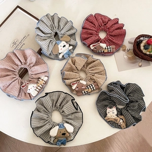 Plaid scrunchies set with cute plush animals in various colors for women's hair