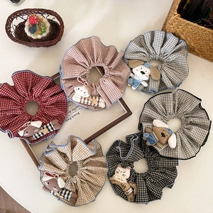 Plaid fabric scrunchies with cute 3D plush animal dolls for ponytail hair accessories