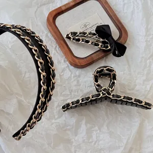Hepburn style black leather and gold metal chain hair accessories set for women