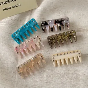 Vintage Acetate Hair Comb Clip For Women Colorful Rhinestone Inlaid Marble Pattern Sweet Hair Accessories Duckbill Side Clip