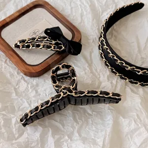 Vintage Hepburn Style Black Leather Gold Chain Hair Accessories For Women Elegant Metal Hair Claw Headband Bow Hair Clip