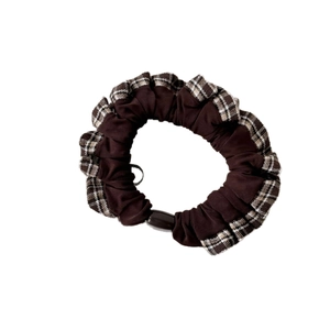Vintage checkered and solid brown patchwork fabric scrunchie with resin buckle detail