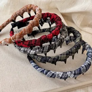 Vintage Plaid Fabric Wrapped Headband With Non-Slip Teeth Volumizing Puffy Hair Hoop For Women Girls Daily Hair Accessories
