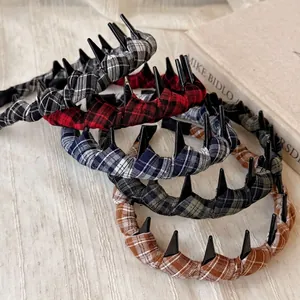 Chic plaid fabric padded headbands in multiple colors with long non-slip inner teeth