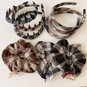 Koreanisch Retro Kariert Stoff Schleife Haargummis Für Damen Mode Karo Haarreifen Mit Holzknopf Herbst Haarschmuck