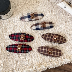 Set of 6 cute plaid hair clips with 3D flocked teddy bears on a soft knit background