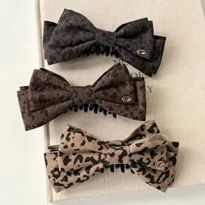 Vintage Leopard Print Bow Banana Hair Clip For Women Korean Style Fabric Bowknot Ponytail Clip Retro Leopard Pattern Hair Accessory