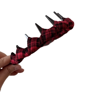 Plaid fabric headband with long teeth in red and black pattern for volumizing hair