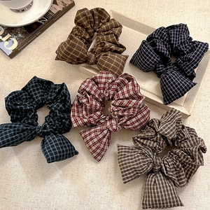 Women Plaid Bow Scrunchies Large Fabric Hair Ties Vintage Checkered Elastic Hair Bands Korean Style Sweet Hair Accessories