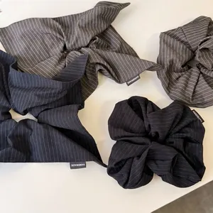 Vintage striped fabric scrunchie set with handmade ribbon bow in navy and grey colors