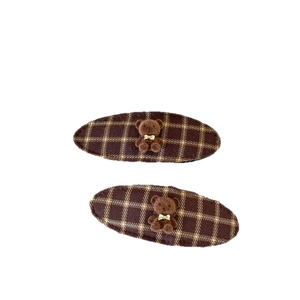 Cute brown plaid hair clips with flocked bear ornaments for women and children