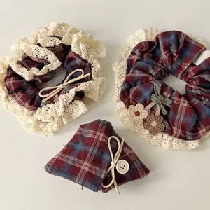 Koreanisch Süß Rot Blau Kariert Scrunchie Für Damen Vintage Spitze Blumen Stoff Haargummi Handgefertigt Schleife Haarschmuck