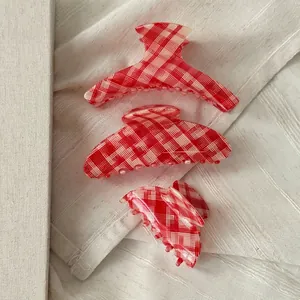 Retro Red White Gingham Acetate Hair Claw Clip Korean Style Plaid Shark Clip For Women Elegant Daily Styling Accessory