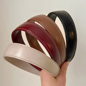 Women Retro PU Leather Wide Brim Headband High Cranial Top Padded Hair Band Solid Color Stitching Daily Hair Accessories