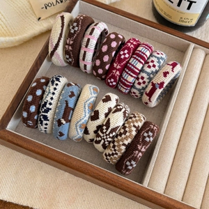 Set of 14 high-elasticity knitted hair ties in vintage patterns like polka dots and plaid