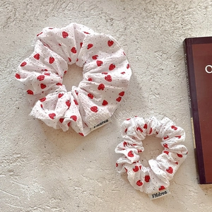 Sweet strawberry print bubble gauze scrunchie set in white for high ponytail hairstyles
