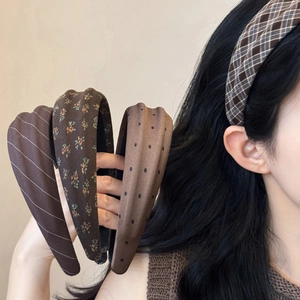 Vintage Kaffee Braun Kariert Blumen Gestreift Punktmuster Breit Stoff Haarreif Für Damen Koreanischer Stil Haarschmuck