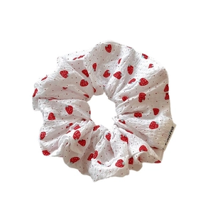 Sweet strawberry print seersucker scrunchie for women high ponytail accessory