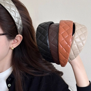 French Retro Padded Quilted Faux Leather Headband For Women Wide Side High Cranial Top Hairband Fashion Hair Accessories