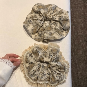 Bohemian paisley print scrunchie set with elegant pearl and lace trim details