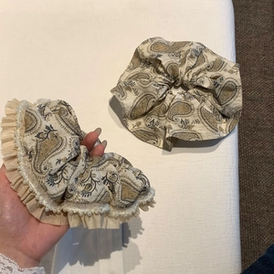 Bohemian paisley hair scrunchies with vintage pearl lace trim and retro floral patterns