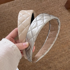French vintage quilted leather wide headbands in beige and metallic silver for women