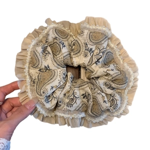 Bohemian paisley scrunchie with lace trim and faux pearls in elegant beige fabric