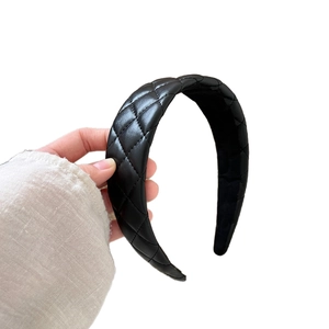 French vintage quilted black leather headband with wide padded design for women