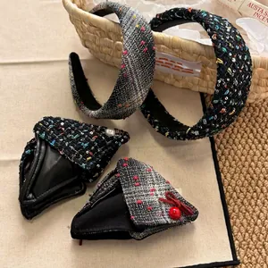 French Vintage Tweed Hair Accessories Set For Women Elegant Plaid Hair Claw Clips And Padded Headbands With Artificial Pearl