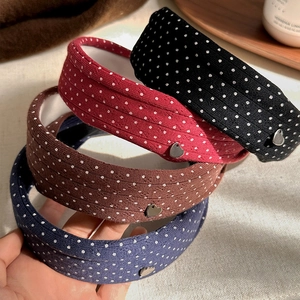Korean Polka Dot Knitted Wide Headband For Women Vintage Cloth Hairband With Heart Metal Charm Elegant Hair Accessories