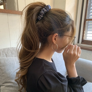 Plaid fabric banana hair clip for high ponytail, blue and white checkered scrunchie style