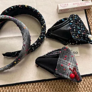 Elegant tweed hair clip and headband set with black and white plaid and pearl details